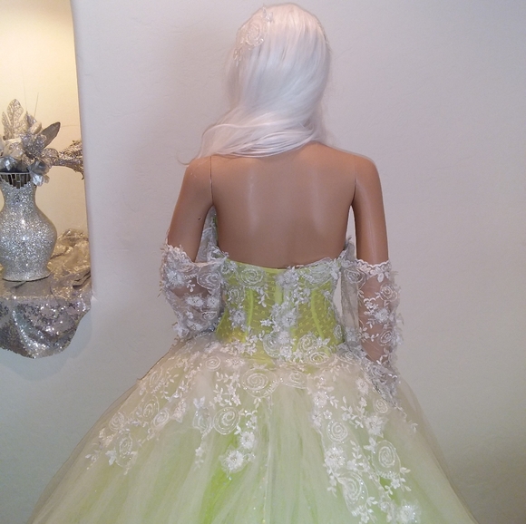 "FAUNA" Ivory & Green Lace Wedding Ballgown Set - Picture 11 of 12